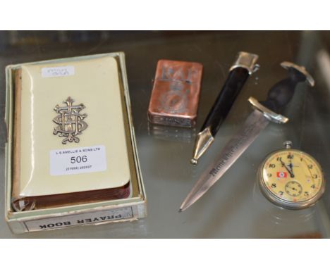 VINTAGE BIBLE, RAF CIGARETTE LIGHTER, MINIATURE GERMAN DAGGER &amp; GERMAN STYLE POCKET WATCH