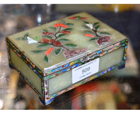 VINTAGE CHINESE JADE TRINKET BOX WITH WHITE METAL &amp; ENAMEL DECORATION     