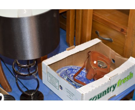 MODERN LAMP &amp; BOX CONTAINING CINE CAMERA, BLUE &amp; WHITE DISHES ETC     