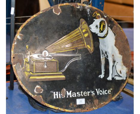 VINTAGE HIS MASTERS VOICE ENAMEL ON METAL SIGN     