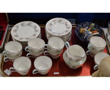 TRAY CONTAINING QUANTITY AYNSLEY TEA WARE, DECORATIVE BOWL, HUMMEL FIGURINES ETC     