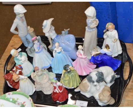 TRAY WITH VARIOUS FIGURINE ORNAMENTS, ROYAL DOULTON, NAO ETC     