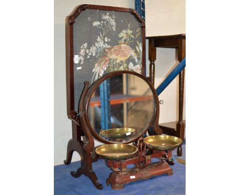 TAPESTRY FIRE SCREEN, SWING MIRROR &amp; SET OF VINTAGE SCALES     