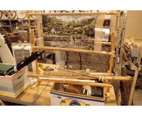 Three tapestry frames and box of tapestry kits