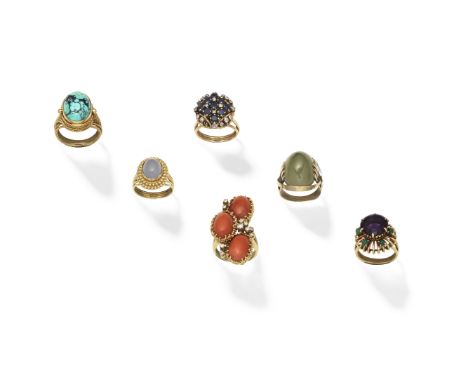 Six gem-set rings1st: Circa 1970, the three coral corallium rubrum cabochons accented by brilliant and single-cut diamonds, t