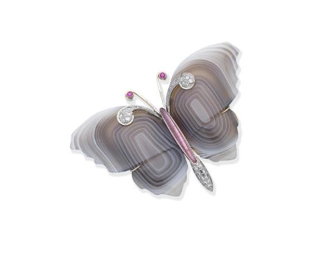 Gem-set butterfly broochThe wings formed from carved agate, to an oval cabochon tourmaline thorax and brilliant-cut diamond a