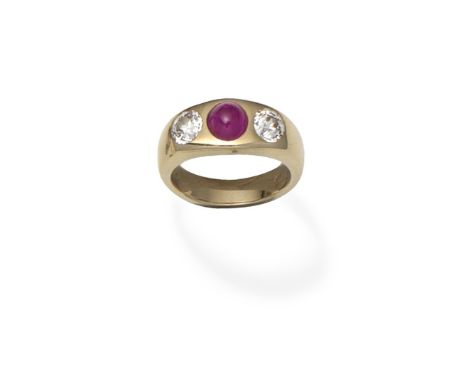 Ruby and diamond three-stone ring, first half of the 20th centurySet with a cabochon ruby between two old brilliant-cut diamo