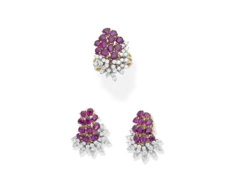 Ruby and diamond ring and earring suiteThe tiered cluster of pear-shaped rubies and brilliant-cut diamonds to a trifurcated b