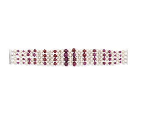 Cultured pearl, ruby and diamond braceletThe 5.0mm cultured pearls alternating with graduations of ruby bead spacers, set to 