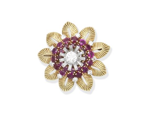 Ruby and diamond flower brooch, circa 1955The engraved petals accented by a tiered cluster of circular-cut rubies, baguette a