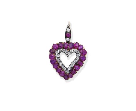 Ruby and diamond heart pendant, circa 1900Set with cushion-shaped diamond, circular-cut and pear-shaped rubies, the surmount 