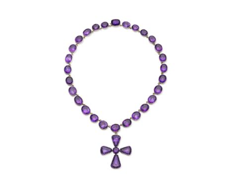Amethyst rivière and cruciform pendantThe graduated series of oval-cut amethysts in foiled closed-back settings, suspending a