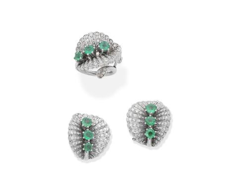 Emerald and diamond ring and earring suite, circa 1950The single-cut diamond leaf issuing three circular-cut emeralds, the st