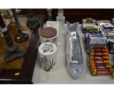 A Highlands stoneware fish platter together with two Portmeirion storage jars; a rose decorated cheese dish; a glass candle s