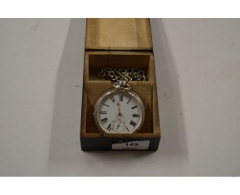 A silver cased pocket watch and chain contained in wooden case 