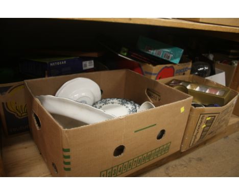 Shelf of assorted including part blue and white dinner service