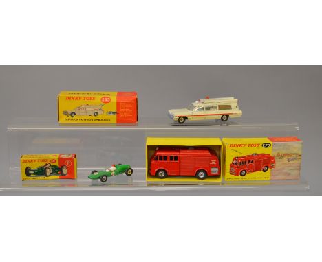 Three Dinky Toys: #276 Airport Fire Tender with Flashing Light; #263 Superior Criterion Ambulance with pale turquoise interio