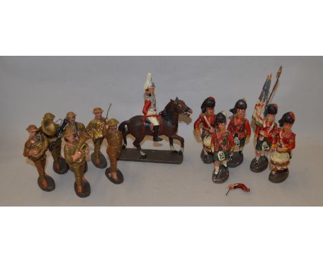 12 x Elastolin (Germany) large scale figures, mostly bandsmen and one mounted figure. F-G, some cracked and worn.