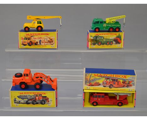 Four Matchbox King Size models: K-3 Hatra Tractor Shovel; K-12 Heavy Breakdown Wreck Truck; K-14 Taylor Jumbo Crane; K-15 Mer