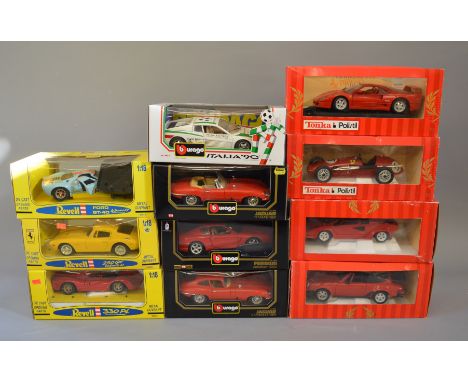 11 x 1:18 scale diecast model cars by Bburago, Polistil and Jouef, includes Ferrari. Overall appear VG-E, boxed. 