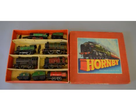 O Gauge Hornby. 5 x clockwork locomotives (missing/incorrect tenders), together with Chad Valley locomotive missing tender, h