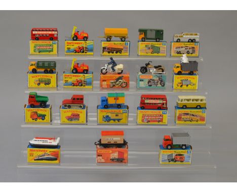 Quantity of Lesney Matchbox diecast models: #4 Stake Truck; two #15 Fork Lift Truck; #2 Muir-Hill Dumper; #35 Snow-Trac; #60 