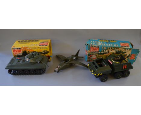 Selection of vehicles for Action Man by Palitoy and Cherilea, includes: Scorpion Tank, boxed; Multi-Terrain Vehicle, boxed; S