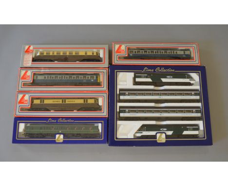 OO Gauge Lima 4 car Great Western HST pack together with BR blue/grey 2 car DMU, BR green class 121 single car unit, GWR parc