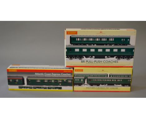 OO Gauge Hornby 3 x coach packs. R.4140 Atlantic Coast Express coaches, R4379 Southern Suburban 1957 coaches & R4534 BR Push-