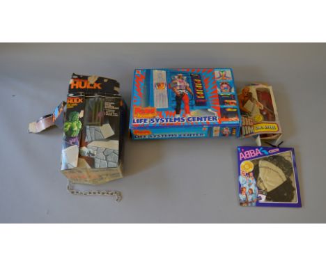 Selection of boxed action figure items: Mattel Pulsar Life Systems Center; Ideal/Remco Energized Hulk; Mattel Big Jim Dr Stee