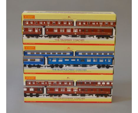 OO Gauge. Hornby. 3 x coach packs. R4252 "The Talisman" coaches, R.4177 "The Caledonian" coaches & R.4310 "The Blue Pullman" 