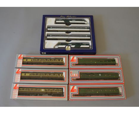 OO Gauge. Lima 4 car Great Western HST set, together with 2 x 3 car DMU sets BR green & BR Choc/Cream liveries. VG boxed.