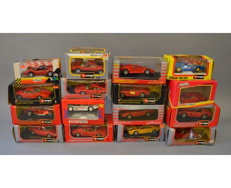 16 x 1:24 & 1:25 scale diecast models by Bburago, Majorette and Polistil, mostly Ferrari. Boxed, F-VG.