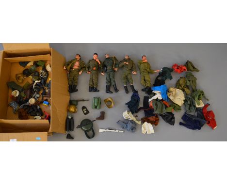 Three Palitoy Action Man figures with two similar, together with a selection of clothing and accessories.