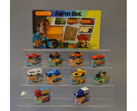10 x Matchbox Superfast: #4 '57 Chevy; #63 4x4 Open Back Truck; #5 4x4 Jeep Off Road; #54 NASA Tracking Vehicle; #70 Ferrari;