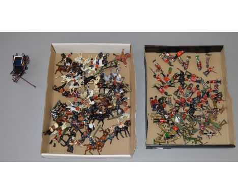 Good quantity of metal figures by Britains, Cherilea, Johillco and similar, includes Guards and mounted figures. Conditions v