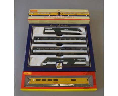 OO Gauge Lima 4 car Great Western HST set together with Hornby R4457 & R4641 Network Rail measurement train stock. All VG box