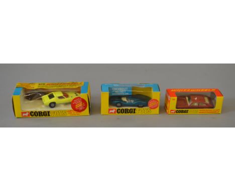 Three Corgi Whizzwheels diecast models: #306 Morris Marina 1.8 Coupe; #347 Chevrolet Astro 1 Experimental Car; #342 Lamborghi