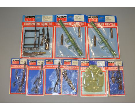 Palitoy Action Man Equipment Centre, nine sets: five Small Arms (two with open packaging); Tropical Service Jacket; two Bazoo