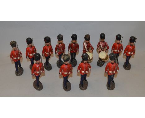 13 x Elastolin (Germany) large scale Grenadier Guards, some musicians. F, some cracks, mainly along legs.