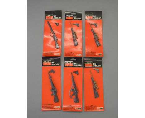 Palitoy Action Man The Armoury, six sealed sets, some duplicates. On VG-E cards. From a Palitoy employee.