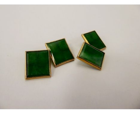 A Pair of Gentleman's 18 ct Yellow Gold and Emerald Green Jade Cuff Links, approx wt. 5.4 gms.