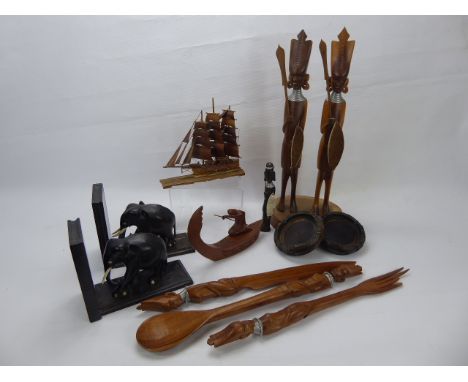Miscellaneous Wooden Items, including two oriental jar stands, two ebony elephant book ends, two wooden boats, two African fi