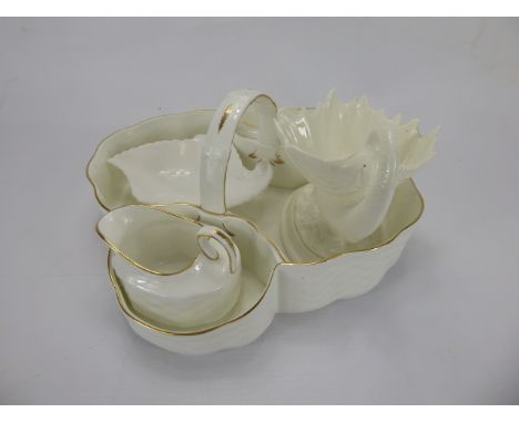 A Coalport Porcelain Strawberry Basket, with miniature sugar and creamer, together with a Royal Worcester pin dish and miniat