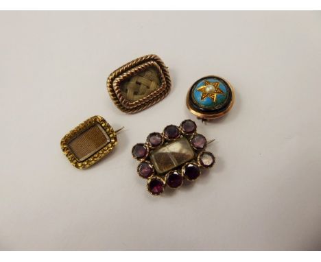 Four Antique Miniature Mourning Brooches, including 9 ct tourmaline, approx 3.7 gms,  9 ct enamel and seed pearl approx 3.4 g