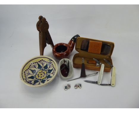 Gentleman's Lot, Dunhill ceramic pipe rest, Italian ceramic pipe rest, Dunhill leather pipe pouch with contents together with