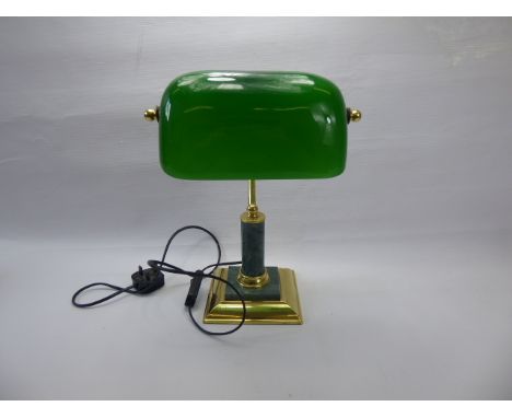 A Marble and Brass Accountants Desk Lamp, with green shade.