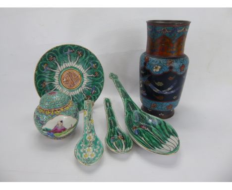 Miscellaneous Chinese Porcelain and Cloisonné, including a vase decorated with fans and a mythological bird, ginger jar and c