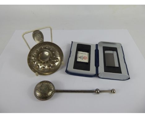 Miscellaneous items, including an Orient Express lighter, tea strainer and quaich.