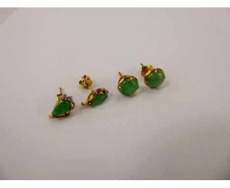 A Pair of 14 ct Yellow and White Gold Jade and Diamond Ear Studs, together with a further pair of yellow gold and green jade 